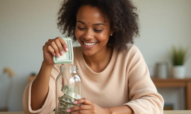 Young woman happily depositing money into a jar