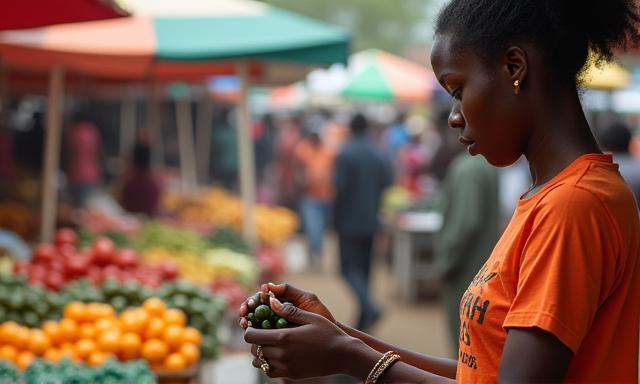 Shopper comparing prices at a Dar es Salaam market